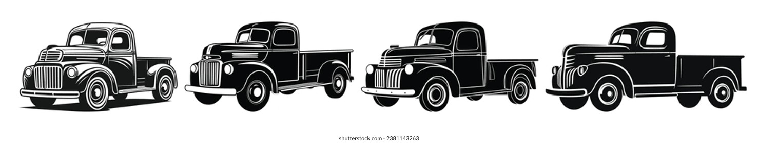 Set of Vintage Truck Black Color Vector Clipart