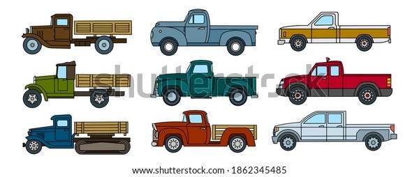 Set of vintage trucks in cartoon style.\
Vector illustration