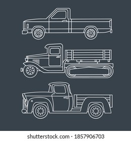 Set of vintage trucks. Linear drawing on a dark background. Blueprint. Vector illustration