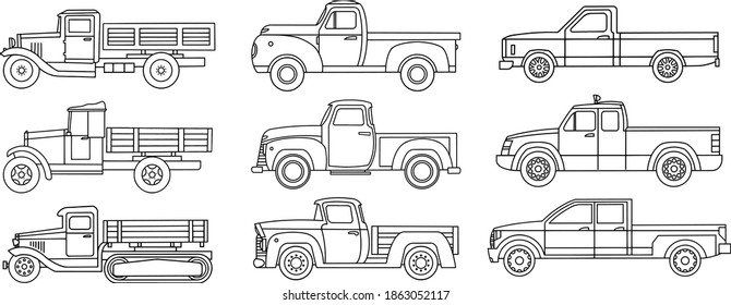 Conjunto de camiones antiguos. Dibujo lineal para colorear. Ilustración del vector