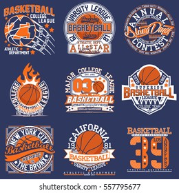 Set Of Vintage T-shirt Graphic Designs,  Creative Print Stamps, Basketball Typography Emblems, Sports Logos, Vector