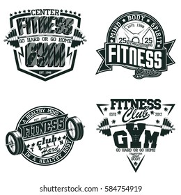 Set of Vintage t-shirt graphic designs,  grange print stamps, fitness typography emblems,   Creative gym sports logos, Vector