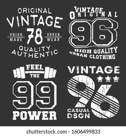 Set of vintage t-shirt print stamp for t shirt applique, tee badge, label, clothing tag, jeans, and casual wear. Vector illustration.