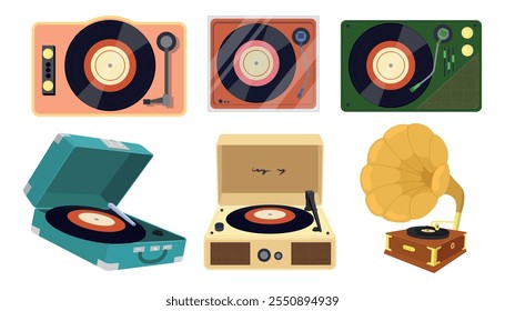 Set of vintage turntables, gramophone, vinyl records in cartoon style.Vector illustration of portable turntables,records isolated on white background.Listening to audio recording.Side view, top,front.