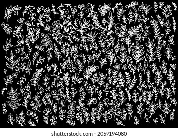 a set of vintage twigs with leaves. hand-drawn in doodle style collection of cute plant texture twigs with leaves dots curls white outline on black background for design template