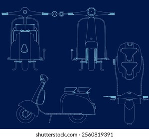 Set of Vintage two wheeler scooter contour isolated vector illustration. Isometric view