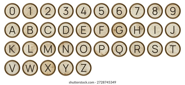 Conjunto de teclas de máquina de escribir vintage redondo Botones mecánicos con alfabeto y números con texturas grunge ásperas. Tipografía angustiada antigua retro con Ilustración vectorial de diseño de misterio negro