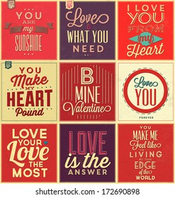 Set Of Vintage Typographic Backgrounds / Love Quotes / Retro Colors With Calligraphic Elements