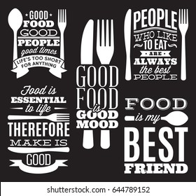 set of vintage typographic food quotes for the menu or t-shift with knife, spoon, fork.