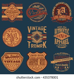 Set of Vintage typography, t-shirt graphics, apparel stamps, tee print design, emblems of denim goods, vector