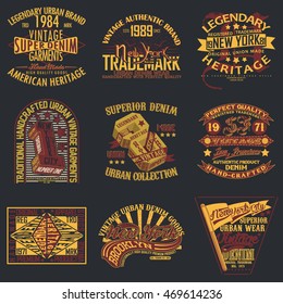 Set of Vintage typography, t-shirt graphics, apparel stamps, tee print design, emblems of denim goods, vector