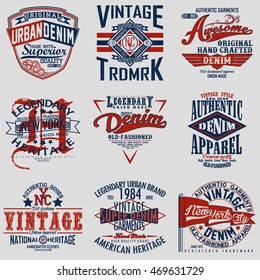 Conjunto de tipografía vintage, gráficos en pantalones t, estampillas para prendas de vestir, diseño de impresión de tee, emblemas de productos de denim, vector