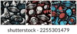 Set of vintage UFO seamless background with design elements such as flying saucer, alien, planets, space satellite, shuttle, space rover, skull astronaut 