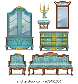 Set of vintage upholstered sofa with florid ornament, carved wooden wardrobe and a candlestick. Furniture for interior vintage style isolated on white background. Vector cartoon close-up illustration.