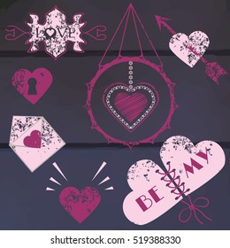 Set of vintage Valentines day decorations elements in vector