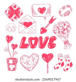 Set of vintage Valentines day elements. Sketch style collection of envelope with valentine, gift box, socks, cupids arrow, sweets. Word Love lettering.  Engraved illustration