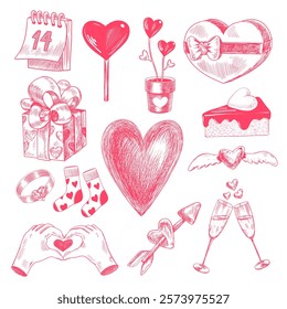 Set of vintage Valentines day elements. Sketch style collection of hearts, arrow, gift box, champagne flutes, sweets. Engraved illustration