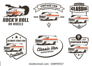 Set of vintage van emblems, logo and badges. Classic Van design elements. 