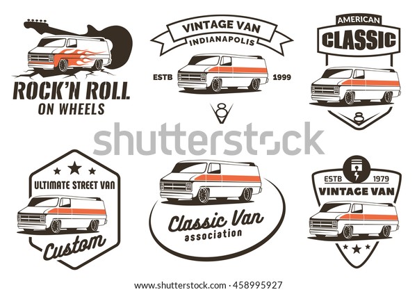 Set of vintage van emblems, logo and badges.\
Classic Van design elements.\
