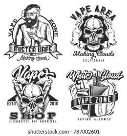 Set of vintage vape emblems, labels, badges, logos. Isolated on white svg