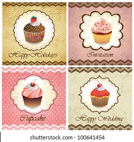 Set of vintage various cupcake cards template