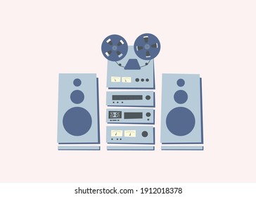 Set of vintage various stereo audio systems in rack. Acoustic system. Reel tape recorder. Radio tuner. Hi-Fi tape cassette deck. Sound amplifier. Musical equipment 80s. Vector illustration. Isolated.