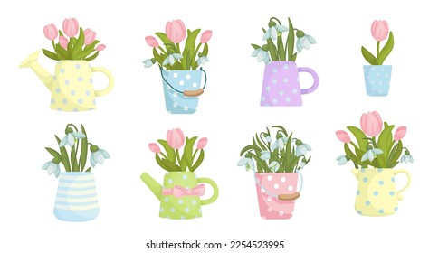 Set of vintage vases with spring bouquets of tulips and snowdrops.Vector graphics.