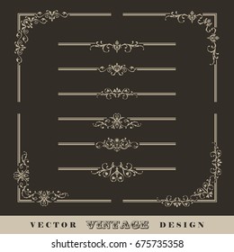 Set of vintage vector calligraphic linear divider, corner and border