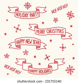 Set of vintage vector Christmas ribbons with snowflakes on background