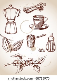 set of vintage vector coffee and cocoa icons