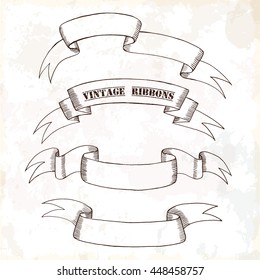Set vintage vector different ribbons on a retro background. Drawing by hand, sketch. Decor for advertising or web in an old style. 