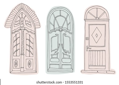 Set of vintage vector doors. Hand-drawn illustration.