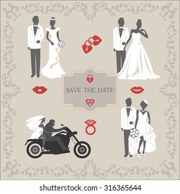 Set of vintage vector elements, wedding invitations, brides and grooms.