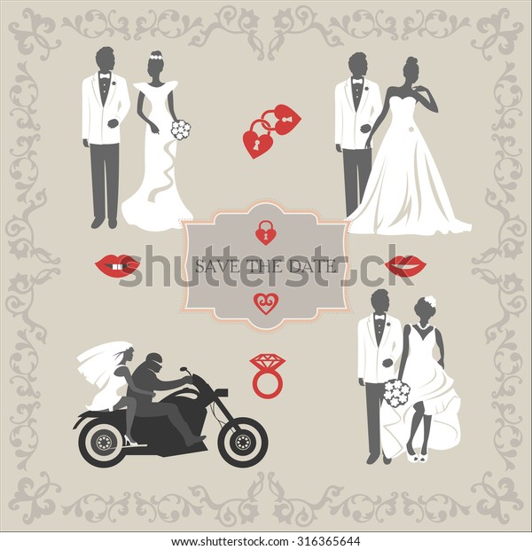 Set of vintage vector elements, wedding\
invitations, brides and\
grooms.