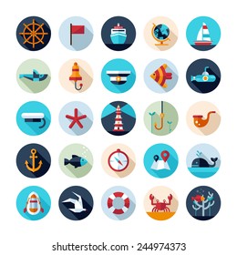 Set Of Vintage Vector Flat Design Modern Nautical, Marine Icons