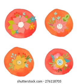 Set of vintage vector flowers on watercolor backgrounds