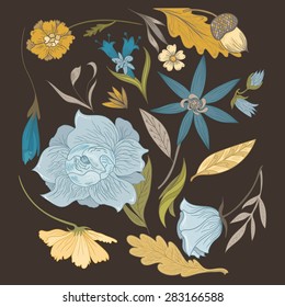 Set of Vintage Vector Flowers and Plants | Sketch doodle style fall and summer design elements in pastel colors 