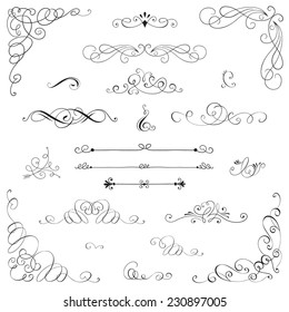 Set: Vintage vector frame, border, divider, corner. Retro elements collection. Page decor elements for calligraphy design
