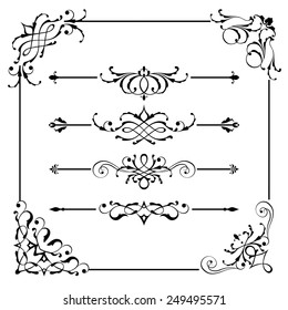 Set of vintage vector frame border divider corner. Retro elements collection. Ornate page decor elements for calligraphy design