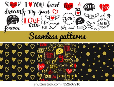 Set of vintage vector hand drawing elements and seamless patterns. Hearts and inscriptions. Brush stroke with rough edges. Love. Valentines Day. Calligraphy. Ink. Lettering. Shiny golden background.