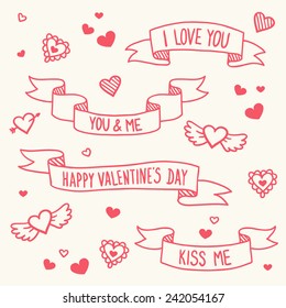 Set of vintage vector hand drawn Valentine ribbons with hearts on background. Perfect for Valentine greeting cards, wedding invitations. 