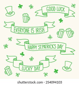 Set of vintage vector hand drawn St. Patrick's Day ribbons with clover, beer and Patrick's hat on background. Perfect for Valentine greeting cards, wedding invitations. 