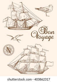 Set of vintage vector hand drawn sailing ships