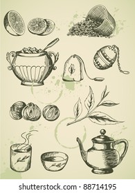 set of vintage vector hand drawn tea icons