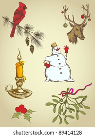 set of vintage vector hand drawn Christmas elements