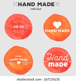Set of vintage vector handmade logos with watercolor background