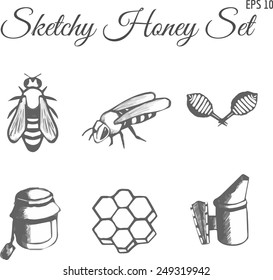 Set of Vintage Vector Icons related with Apiary and Honey.
