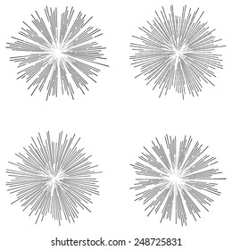 Set of vintage vector illustrations in hipster style. Monochrome stars burst with ray.