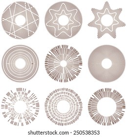 Set of vintage vector illustrations in hipster style. Monochrome stars burst with ray.