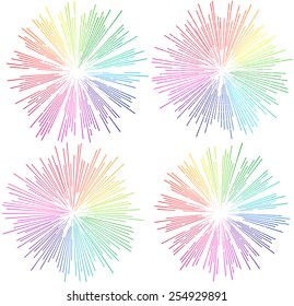 Set of vintage vector illustrations in hipster style. Rainbow stars burst with ray. Vector de stock
